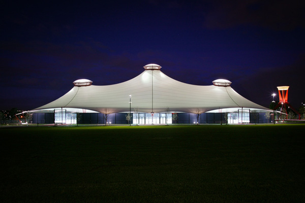Night shot of the Royal Melbourne Showgrounds Pavilion